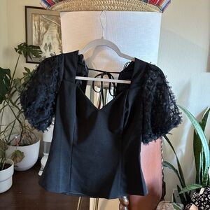Chic Black Blouse with Lace Puff Sleeves